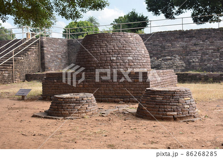 Remants of Votive stupas nearby. Sanchi monuments, World Heritage Site, Madhya Pradesh, India. 86268285