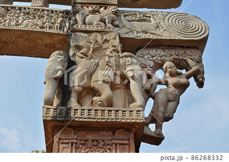 Stupa No 1, East Gateway. Pillar capitals are supported by four elephants. Carved damsels or Shalabhanjikas are seen clinging to tree. The Great Stupa, World Heritage Site, Sanchi, Madhya Pradesh, Stupa No 1, East Gateway. Pillar capitals are supported by four elephants. Carved damsels or Shalabhanjikas are seen clinging to tree. The Great Stupa, World Heritage Site, Sanchi, Madhya Pradesh, 86268332