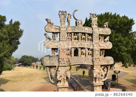 Stupa No 1, North Gateway. Rear view of Architraves and pillars supported by elephants. The Great Stupa, World Heritage Site, Sanchi, Madhya Pradesh, India. Stupa No 1, North Gateway. Rear view of Architraves and pillars supported by elephants. The Great Stupa, World Heritage Site, Sanchi, Madhya Pradesh, India. 86268340