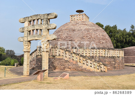 Stupa No. 3, Gateway and Stairway. Has a crown on the hemispherical dome which has special religious importance. Sanchi monuments, World Heritage Site, Madhya Pradesh, India. Stupa No. 3, Gateway and Stairway. Has a crown on the hemispherical dome which has special religious importance. Sanchi monuments, World Heritage Site, Madhya Pradesh, India. 86268389