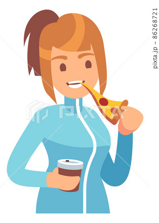 Girl eating pizza and drinking coffee. Fast food concept 86268721