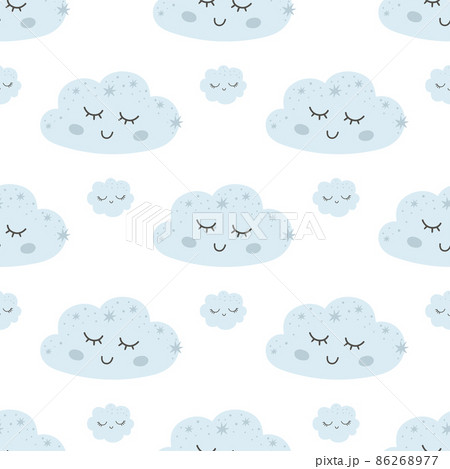 Baby clouds pattern. Nursery dream seamless pattern. Light blue kids sky background. Cute vector design with smiling, sleeping clouds. Baby illustration. Baby clouds pattern. Nursery dream seamless pattern. Light blue kids sky background. Cute vector design with smiling, sleeping clouds. Baby illustration. 86268977