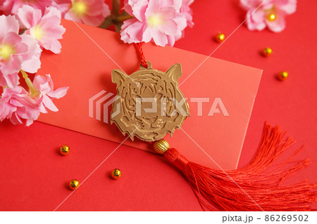 Chinese New Year 2022 decoration Gold Tiger, Red Envelope on red background. Flowers of good fortune. 86269502