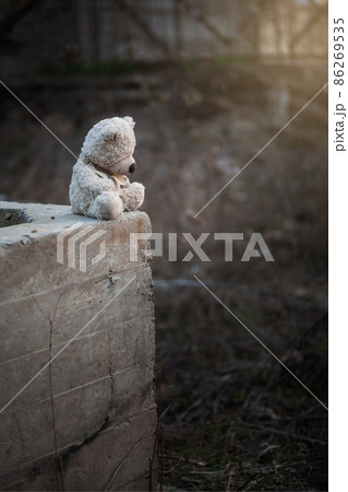Lonely Teddy outdoors. Suicide among teenager. Child abuse. Mental health of adolescents and children. Lonely Teddy outdoors. Suicide among teenager. Child abuse. Mental health of adolescents and children. 86269535