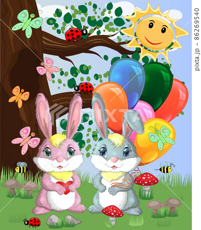 Two cute bunny with balls in a forest glade. Boy and girl, concept spring, love, postcard 86269540