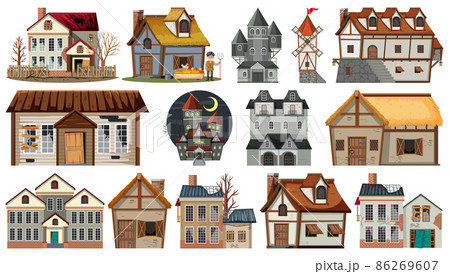 Set of abandoned houses and buildings 86269607