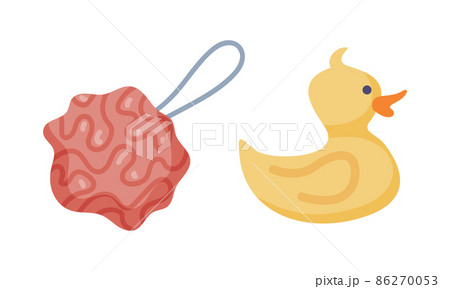 Body Scrubber or Shower Puff for Cleaning and Washing Skin and Yellow Rubber Duck Vector Set 86270053