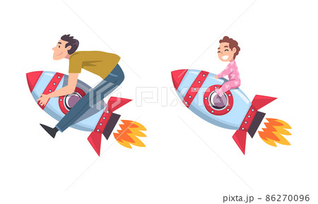 Man and Baby Flying on Space Rocket Moving Upward Vector Set Man and Baby Flying on Space Rocket Moving Upward Vector Set 86270096
