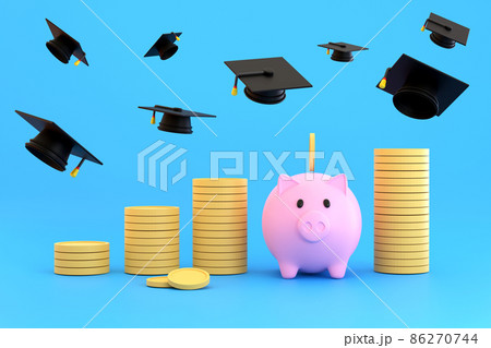 Piggy bank and graduation cap collecting money for education Piggy bank and graduation cap collecting money for education 86270744