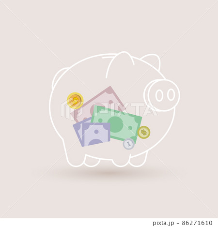Glass piggy bank with paper money and coins inside, savings concept Glass piggy bank with paper money and coins inside, savings concept 86271610