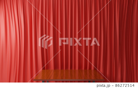 wooden table with red curtai n background in the room.3d rendering. 86272514