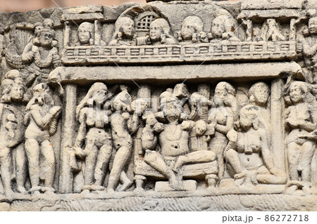 Stupa No 3, Bottom Architrave, Closeup of Nandanavana with Indra details. World Heritage Site, Sanchi, Madhya Pradesh, India. 86272718