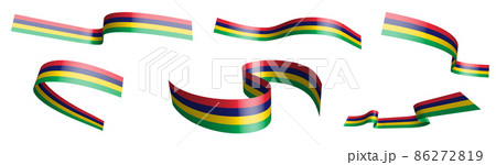 Set of holiday ribbons. flag of Mauritius waving in wind. Separation into lower and upper layers. Design element. Vector on white background