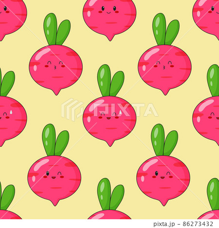 Seamless pattern of cute kawaii radish. Vegetable print with different emotions of radish. Flat vector 86273432