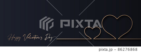 Valentines day banner design. Golden line heart on black horizontal background. Luxury love symbol. Continuous line drawing two hearts. Minimalist romantic greeting card concept. Vector illustration 86276868