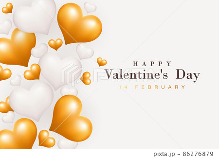 Happy valentines day romantic banner background with realistic white and gold heart shapes. Elegant greeting card template design. Suit for poster, banner, wedding, invitation, postcard Happy valentines day romantic banner background with realistic white and gold heart shapes. Elegant greeting card template design. Suit for poster, banner, wedding, invitation, postcard 86276879