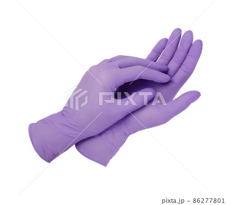 Medical gloves. Two purple surgical gloves isolated on white background with hands. Rubber glove manufacturing, human hand is wearing a latex glove. Doctor or nurse putting on protective gloves. Medical gloves. Two purple surgical gloves isolated on white background with hands. Rubber glove manufacturing, human hand is wearing a latex glove. Doctor or nurse putting on protective gloves. 86277801