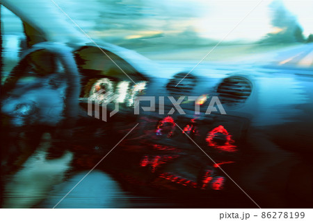 Blurred unfocused view through the moving car windscreen. Glitch retro effect. Blurred unfocused view through the moving car windscreen. Glitch retro effect. 86278199
