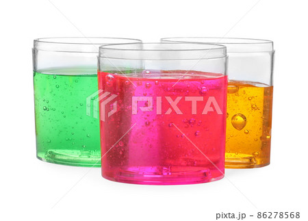 Colorful slimes in plastic containers isolated on white. Antistress toy Colorful slimes in plastic containers isolated on white. Antistress toy 86278568