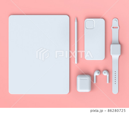 Computer tablet with stylus, smart watch, phone and headphones on pink . Computer tablet with stylus, smart watch, phone and headphones on pink . 86280725