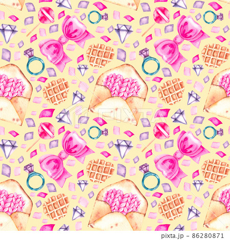 Watercolor pattern for Valentine's day with hearts, envelopes, waffles, bows, pencils, gingerbread, crystals Watercolor pattern for Valentine's day with hearts, envelopes, waffles, bows, pencils, gingerbread, crystals 86280871