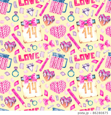 Watercolor pattern for Valentine's day with hearts, calendars, bows, pencils, gingerbread 86280875