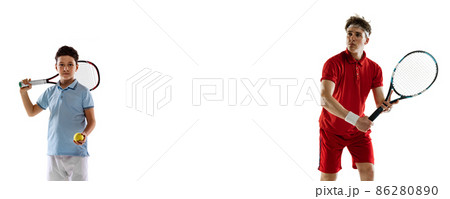 Collage of young boy and teenager, tennis players in red and blue uniform posing isoltaed over white background Collage of young boy and teenager, tennis players in red and blue uniform posing isoltaed over white background 86280890