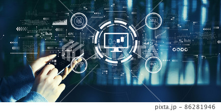 Stock trading theme with person using smartphone Stock trading theme with person using smartphone 86281946