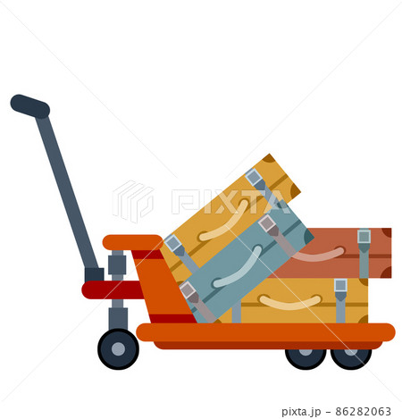Platform trolley and Handcart with Luggage and suitcase. Stack of baggage, briefcase and bag. Logistics and transportation. Hand cart. Flat cartoon isolated on white Platform trolley and Handcart with Luggage and suitcase. Stack of baggage, briefcase and bag. Logistics and transportation. Hand cart. Flat cartoon isolated on white 86282063