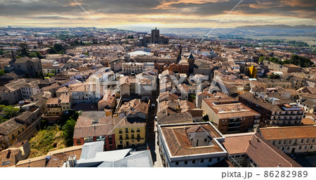 Drone point of view Avila cityscape rooftops. Spain 86282989