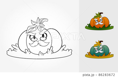 Vector coloring page with serious grandpa pumpkin with glasses standing on grass. Coloring scheme examples Vector coloring page with serious grandpa pumpkin with glasses standing on grass. Coloring scheme examples 86283672