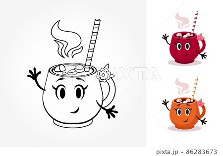 Vector cartoon cup coloring book. Contour illustration witn hot drink and marshmallow. Color variations Vector cartoon cup coloring book. Contour illustration witn hot drink and marshmallow. Color variations 86283673