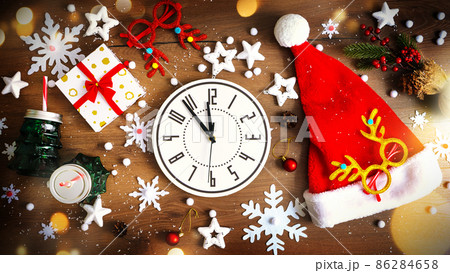 Christmas composition of Christmas decoration on Brown wooden background 86284658