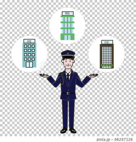 制服を着た中年の警備員風の男性が腕を広げ会社を比べている白背景に線画のシンプルなイラスト 制服を着た中年の警備員風の男性が腕を広げ会社を比べている白背景に線画のシンプルなイラスト 86287126