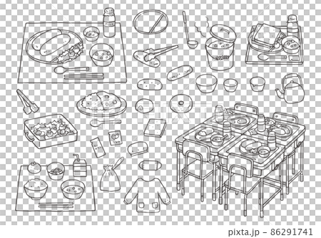 給食にまつわる手描きイラストセット（モノクロ） 86291741