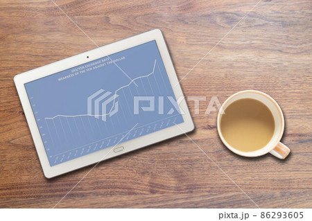 円安ドル高の進展が映るタブレット端末とコーヒーカップ（英語） 86293605