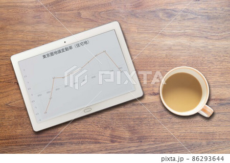 日本東京圏地価変動率(住宅地)推移が映るタブレットとコーヒーカップ 日本東京圏地価変動率(住宅地)推移が映るタブレットとコーヒーカップ 86293644