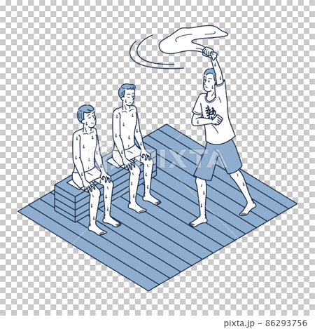 Isometric illustration of a male heat wave teacher looking up at the sauna room with a towel 86293756