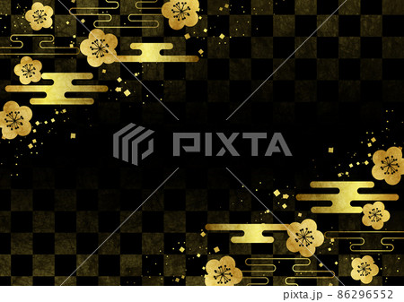 和紙水彩風金箔和花雲フレーム市松模様背景ヨコ黒 86296552