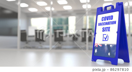 Coronavirus vaccination site signboard with flag of Australia. COVID-19 vaccination related 3D rendering 86297810