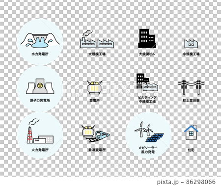 Power plant icon material / hydropower plant / nuclear power plant / thermal power plant / image diagram / simple silhouette 86298066