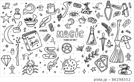 Magic hand drawn doodle set. Vector icons of magic items. Collection halloween elements. Magic broom, potions, fortune-telling cards, runes, books, magic wand, hourglass 86298352
