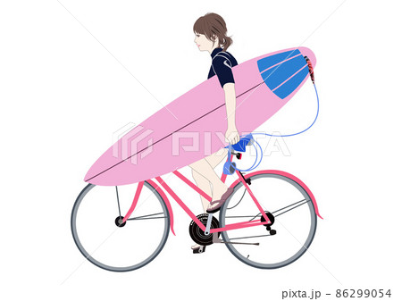 自転車に乗るサーファー女性イラスト 86299054