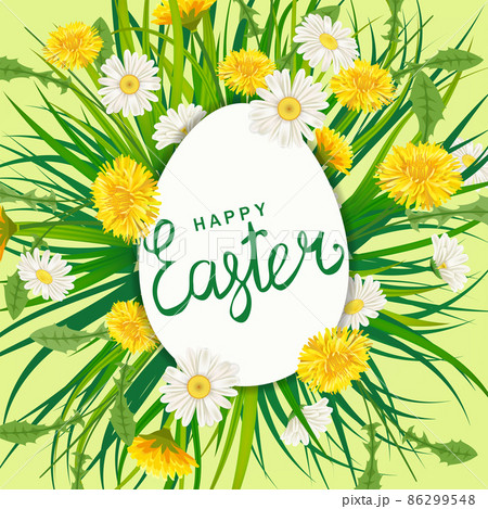 Happy Easter Eagg lettering template banner dandelions and daisies, grass, floral background. Vector illustration posters, flyers, greeting card, invitation Happy Easter Eagg lettering template banner dandelions and daisies, grass, floral background. Vector illustration posters, flyers, greeting card, invitation 86299548