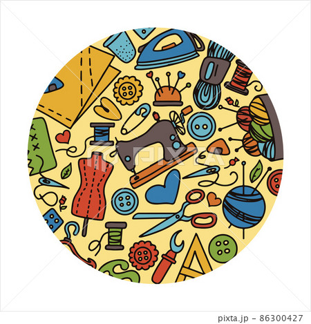 Vector doodle sewing banners. Vector sewing store sale, tailor studio, ads. Sewing mannequin, machine, measuring and cutting supplies, Black outline. Sketch with professions 86300427