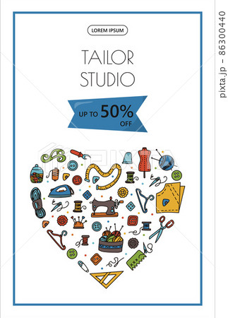 Vector doodle sewing banners. Vector sewing store sale, tailor studio, ads. Sewing mannequin, machine, measuring and cutting supplies, Black outline. Sketch with professions Vector doodle sewing banners. Vector sewing store sale, tailor studio, ads. Sewing mannequin, machine, measuring and cutting supplies, Black outline. Sketch with professions 86300440