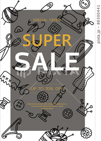 Vector doodle sewing banners. Vector sewing store sale, tailor studio, ads. Sewing mannequin, machine, measuring and cutting supplies, Black outline. Sketch with professions Vector doodle sewing banners. Vector sewing store sale, tailor studio, ads. Sewing mannequin, machine, measuring and cutting supplies, Black outline. Sketch with professions 86300441