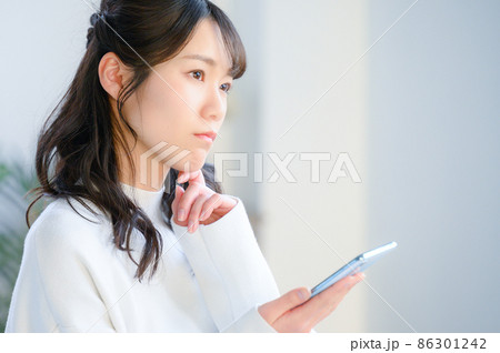 スマホで悩む日本人女性　右にコピースペースあり 86301242