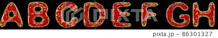 Realistic 3D letters set A, B, C, D, E, F, G, H made of gold shining metal letters. 86301327