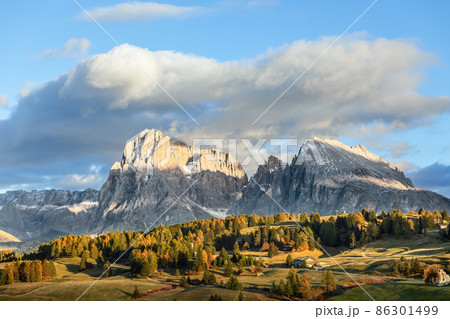 Iconic view of Seiser Alm (Alpe di Siusi) with Sassolungo and Sassopiatto mountains. South Tyrol, Italy. Iconic view of Seiser Alm (Alpe di Siusi) with Sassolungo and Sassopiatto mountains. South Tyrol, Italy. 86301499